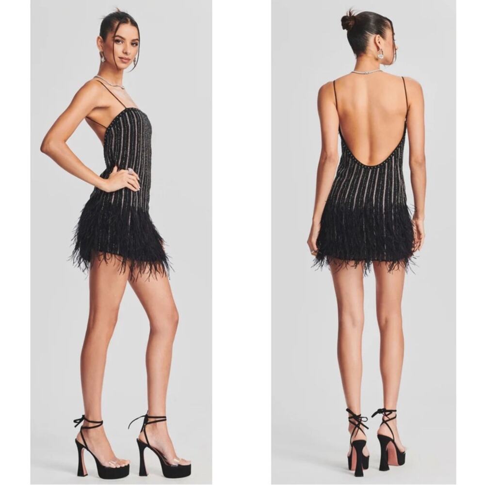 Retrofete Black and Silver Rubina Sequin Feather Hem Mini Dress Size Medium - Picture 3 of 12
